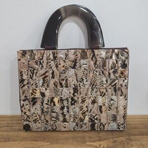Vtg 90s Mother Of Pearl Shell Purse Tortoise Shell Double Handle Clutch